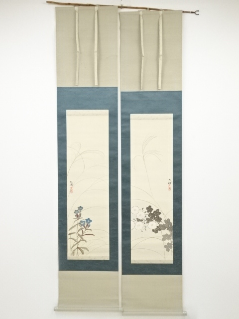 JAPANESE HANGING SCROLL / HAND PAINTED / SET OF 2 / BALLOON FLOWER / BY KYUHO NODA